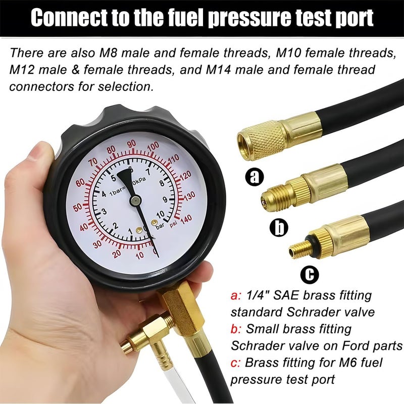 FALVFUN 0-140PSI Car Fuel Pressure Tester Kit, TU-114 Vehicle Gas Gasoline Injection Pump Pressure Tester Gauge Kit, Automobile Oil Injection Pump Diagnostic Tool Set, Universal Fit - Image 2